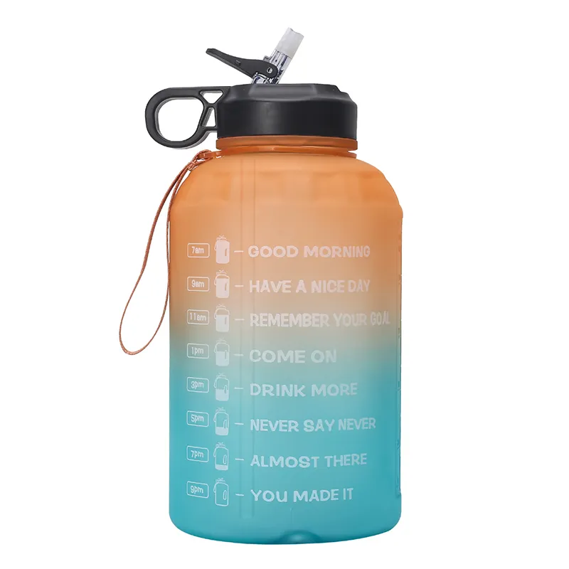 2200mL degrade plastik su şişeleri turuncu yeşil özel markalı pembe motivasyon su şişesi ile zaman işaretleyici hasır