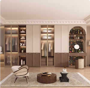 Armoire en bois massif de style <span class=keywords><strong>mi</strong></span>-siècle pour la chambre à coucher à domicile, petit appartement avec portes en rotin tressé, grand placard combiné - Product Image 5