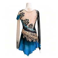 Robe de patinage artistique à dégradé noir et bleu avec strass, manches asymétriques en maille pour enfants et adultes, performance de patinage sur glace