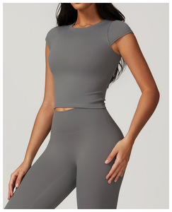 Logo personnalisé femmes décontracté respirant Gym Yoga T-shirt couleur unie <span class=keywords><strong>Femme</strong></span> course haut court séchage rapide <span class=keywords><strong>Fitness</strong></span> hauts - Product Image 5