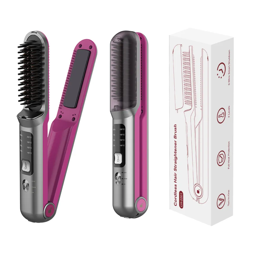 Mini escova personalizada profissional do alisador do cabelo do logotipo recarregável 2 em 1 pente elétrico do alisador do cabelo