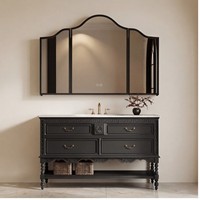 Ensemble de meubles de salle de bain mural en bois massif de style français personnalisé avec vasque intégrée en dalle de roche courbée à chaud et éclairage LED