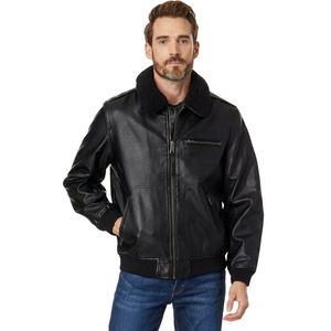 Blouson aviateur en cuir noir pour homme, col rabattu, fermeture éclair, doublure en fausse fourrure, style moto, pour l'hiver - Product Image 1