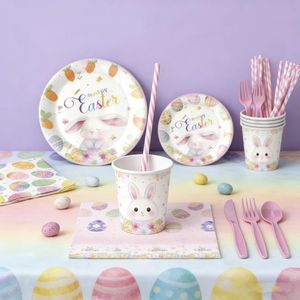 Cartoon Bunny Birthday Plates <strong>Cups</strong> Napkins Tableware Kit Disposable Tableware Wholesale Set - Product Image 1