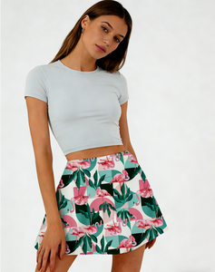 Falda Skater de Cintura Alta con Estampado de Flamencos para Mujer, Minifalda Ligera y Elástica con Diseño de Hojas Tropicales y Patrón Geométrico - Product Image 1