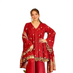 Ensemble Kurta de Soirée pour Femme en Soie Satinée Tissée, avec Dentelle Fantaisie à Motifs Monnayeurs, Réversible, Infroissable, Séchage Rapide, Coupe Ample Classique, Style Indien Pakistanais - Product Image 1