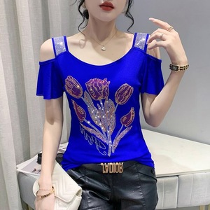 Nueva Blusa de Verano Exquisita <span class=keywords><strong>con</strong></span> Pedrería, de Doble Capa, de Hilo de Seda Fría, Manga Corta, <span class=keywords><strong>con</strong></span> Hombros Descubiertos y <span class=keywords><strong>Espalda</strong></span> Estilizada - Product Image 1
