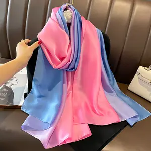 Hot Selling Ladies Long Large Soft Ombre Silk Head Hijabs Muslim Women Screen Printing Color Gradient Silk Printed Scarf Shawls