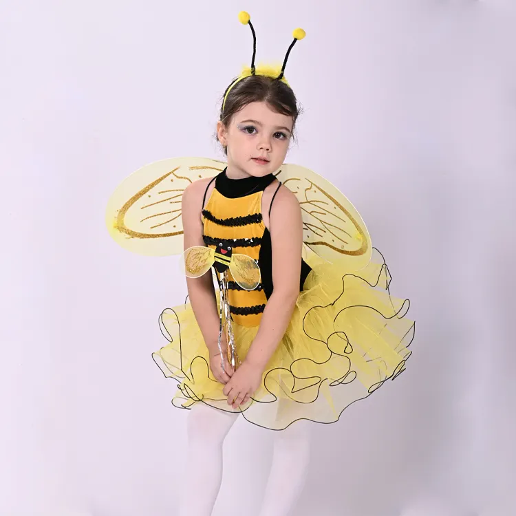 Anna Shi-vestido con diseño de abeja para niños, manga corta, tutú para fiesta, trajes de baile bonitos