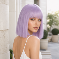 Perruque synthétique courte bob lavande pastel de 12 pouces avec frange, résistante à la chaleur, pour femmes, cosplay, usage quotidien, perruque complète, vente en gros