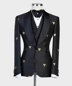Made to Measure Custom Men's Wedding Prom Suit With Gold Bee Detail Tuxedo