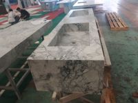 SH STONE Design Naturel Quartzite Super Blanc, Meuble-lavabo mural rectangulaire flottant en marbre avec double vasque pour salle de bain