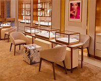Vitrine de luxe pour bijouterie, design intérieur écologique, éclairage LED, finition vernie, étagère flottante