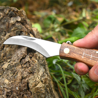Couteau pliant de camping et d'alpinisme, couteau champignon pliant avec manche en bois, couteau de chasse pliant pour extérieur avec brosse