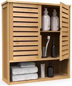 Настенный шкаф для ванной комнаты, бамбуковый настенный органайзер для хранения аптечки, двойные двери и 3-уровневая регулируемая полка