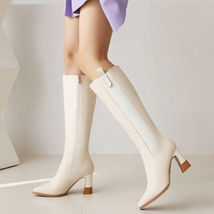 8cm Low Square Heels Women Knee High Boots Big Size 46 Stretch Shaft <b>Long</b> Booties Big Feet Wide Fit Shoes - Product Image 1