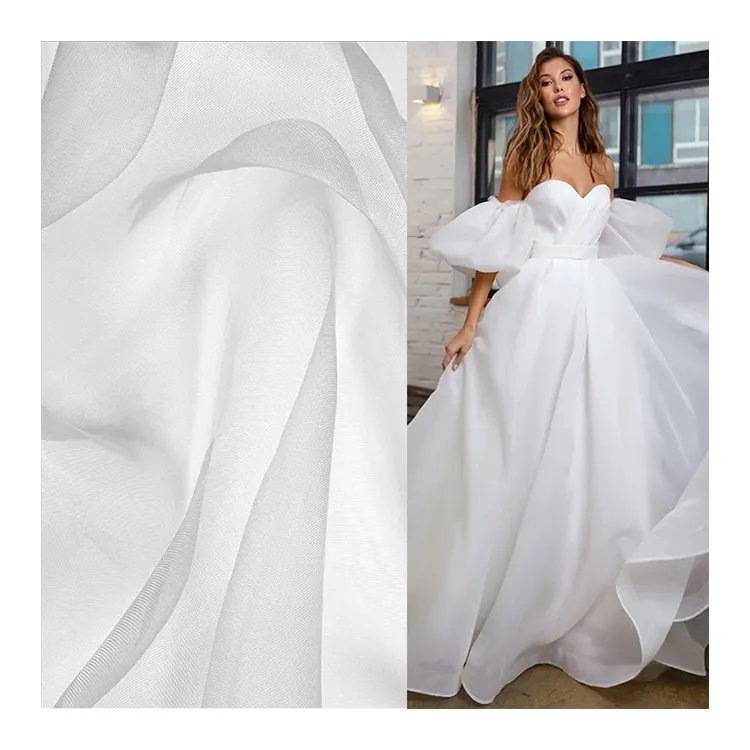 wholesale custom embroidery polyester organza fabric white organza wedding dress fabric materials