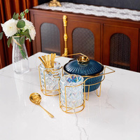 Chauffe-Plats de Luxe pour Buffet, Ensemble de Réchauds en Céramique Bleue en Forme de Citrouille avec Support Doré, Porte-Gobelets en Verre Cristal et Cuillères