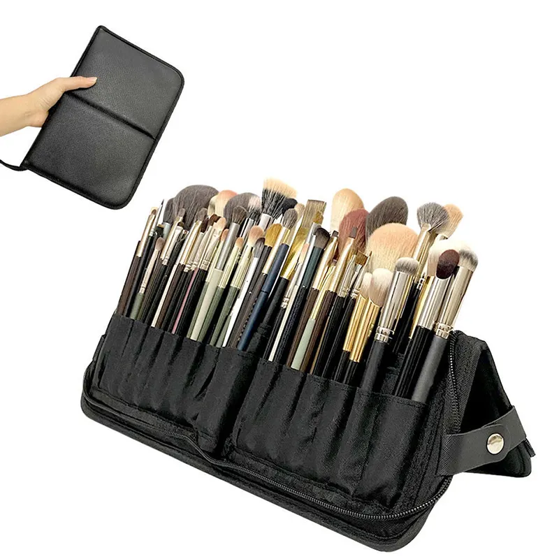 New arrive 29 makeup brush pack portable black PU leather brush storage bag large capacity folding 11 hole makeup storage case