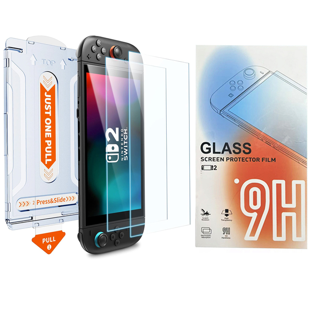 2 Pack with Retail Package Auto-Alignment One Touch Screen Protectors for Nintendo Switch 2 Tempered Glass Screen Protectors