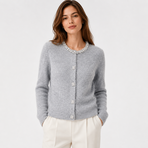 Cárdigan de Punto Personalizado para Mujer, Color Gris Claro, con Adornos, Cuello <span class=keywords><strong>Joya</strong></span>, Botones al Frente, OEM ODM - Product Image 1