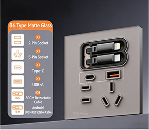 Prise murale en verre mat de type 86 du groupe YuHe avec prises 2 broches et 5 broches, ports USB-C/USB-A, câbles rétractables de 0,8 m et application Smart Life - Product Image 1