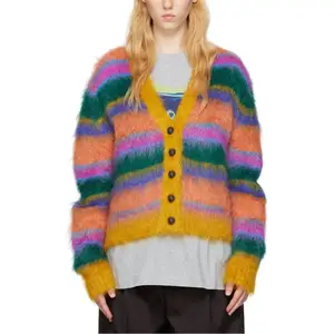 Mohair Cardigan Knitwear Manufacturers Custom Made Mohair Striped Sweater Women Knitted Fuzzy Long Cardigan Coat