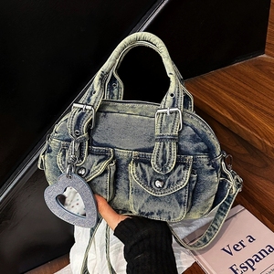 Sac en jean femme Y2K Vintage gris Jean sac à main et sacs à main bandoulière sacs à bandoulière rétro grande capacité fourre-tout avec miroir <span class=keywords><strong>coeur</strong></span> - Product Image 1