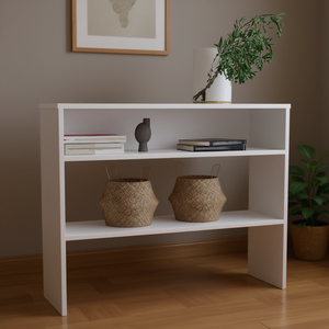 Bureau bibliothèque Saxman à 2 étagères, blanc, mobilier de bureau moderne, design minimaliste en bois, autoportant - Product Image 2