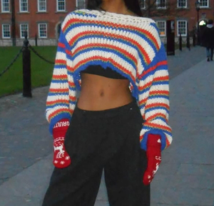 Viviblook Z1031TP suéter de Invierno para mujer calle manga larga hinchada a rayas suéter suelto suéter de punto para mujer - Product Image 2