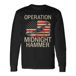 Camiseta de manga larga Operation Midnight Hammer con diseño de avión de combate B-2 Stealth y gráfico de la bandera patriótica estadounidense - Product Image 1