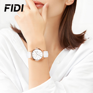 Reloj de cuarzo FIDI para hombre y mujer, diseño clásico minimalista con indicador de fecha, correa de cuero disponible en negro y oro rosa - Product Image 4