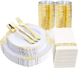 Meilleure vente de vaisselle occidentale faite de nourriture à bords dorés blancs, utilisée pour les fournitures de fêtes de mariage en plein air