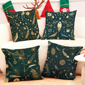 Coussins élégants vert foncé avec des motifs d'oiseaux à plumes dorées et des motifs floraux décorent un <span class=keywords><strong>canapé</strong></span> de Noël confortable. - Product Image 1