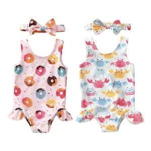 Maillot de bain une pièce à volants, col licou, pour bébé fille, Bikini de plage avec bandeau, vente en gros, OEM/ODM