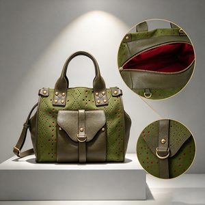 Sac à main élégant en cuir perforé avec poche avant à rabat et accents rivetés, sac décontracté à poignée supérieure - Product Image 2
