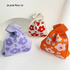 New design flower print mini storage tote bag small capacity fashion custom thick knitted tote bag