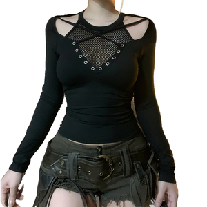 เสื้อยืดตาข่ายถักสไตล์โกธิคทรงเข้ารูป ระบายอากาศได้ดี เป็นมิตรกับสิ่งแวดล้อม ขายส่งจากโรงงาน ราคาพิเศษ ซีทรู เปิดไหล่ แขนยาว - Product Image 1