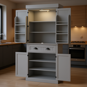 Armoire de rangement pour cuisine 71 pouces en gris avec éclairage LED, 6 portes, tiroirs, étagères réglables, design moderne - Product Image 2