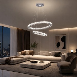 Lustre à 2 anneaux en acier inoxydable avec cristaux, suspension LED, luminaire de plafond pour projets commerciaux, restaurants et chambres - Product Image 2