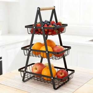 Multi Layer Metal Fruit <b>Basket</b> With Wooden Handle Portable <b>Storage</b> Rack For Snacks And Fruits Rectangle Standing Type - Product Image 2