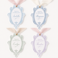Étiquettes personnalisées découpées sur mesure en papier fantaisie pour mariage, cadre vintage, ruban en mousseline, œillet doré, estampage à chaud, noms personnalisés