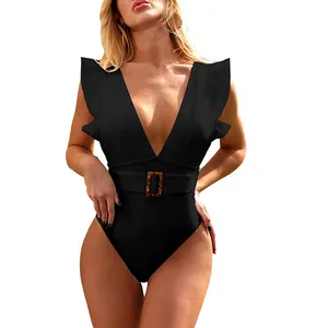 New Fashion One-piece Ruffle Swimsuit Bikini Deep V Neck Sexy Bikini For Women Girls Bathing Suit