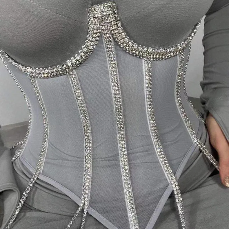 Kadın moda trendi bel mühür şeffaf dantel bel mühür seksi ince vücut korse parlak Rhinestone püskül yelek