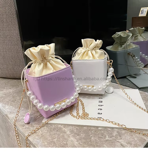 New Arrivals Women Handle Crossbody Purse Box <b>Handbags</b> Pearl <b>Chain</b> Top Handle Bucket Bag - Product Image 2