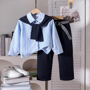 Conjunto de 3 Piezas de Moda para Niñas, Primavera, Camisa a Rayas Azul y Blanca con Capa y Pantalones Anchos, Ropa Infantil de Boutique - Product Image 1