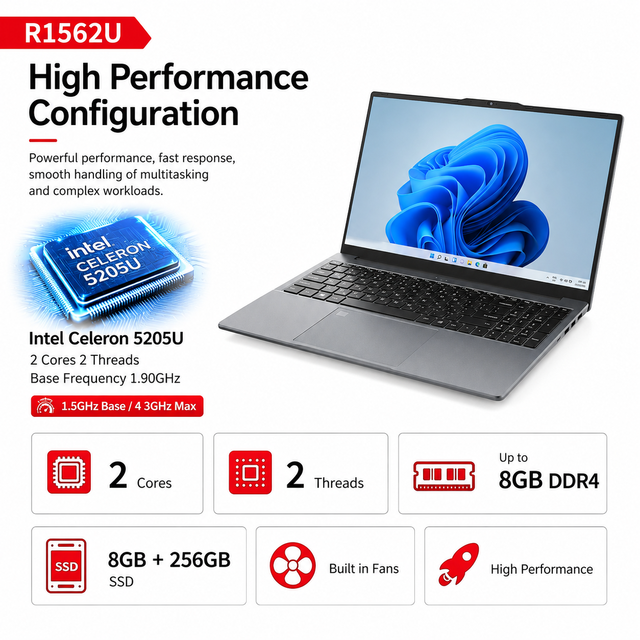 Brand New 15.6" Laptop Intel Celeron 5205U 256GB SSD IPS Full HD English Keyboard for Home & Student Use Optional Windows 11