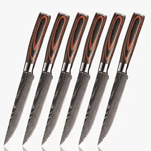 Lot de 4 <span class=keywords><strong>couteaux</strong></span> à steak de qualité supérieure avec manche en bois, lame entièrement dentelée en acier inoxydable, pour la cuisine et la maison, idéal pour le dropshipping - Product Image 1