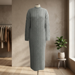 Robe midi en tricot gris à col roulé pour femme, manches longues, pull décontracté d'hiver, tricoté à la main, motif uni épais - Product Image 1