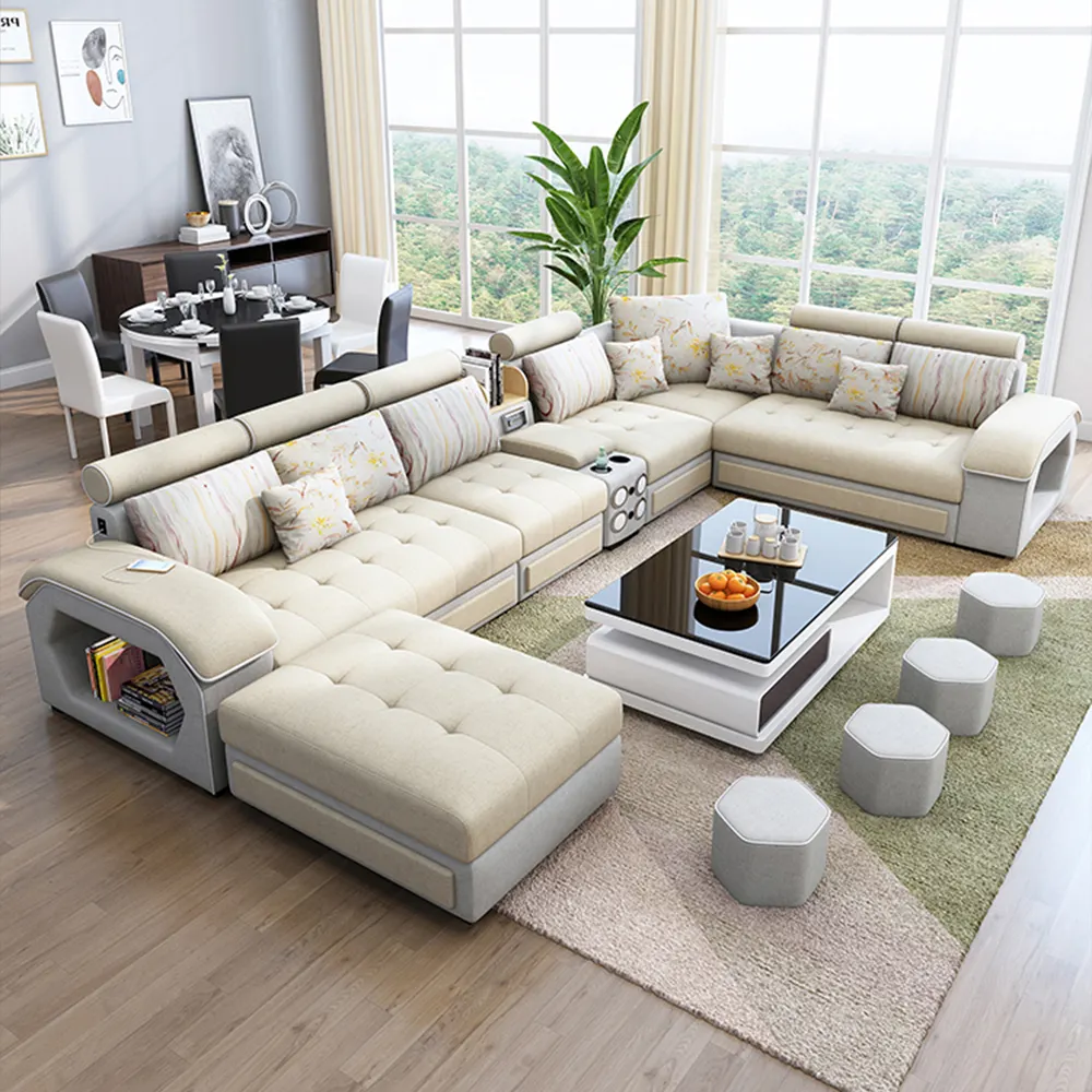 Guandong fabrik verkäufe großhandel U förmigen Leder stoff wohnzimmer sofa set-designs